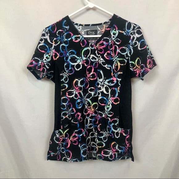 Cherokee iFlex V-Neck Knit Panel Butterfly Scrub Top - Picture 1 of 5